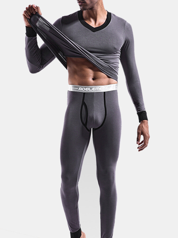 

Men Modal Stretch Thermal Underwear Set Pouch Thin Breathable Contrast Color Long Johns, White;purple;black;royal blue;dark gray