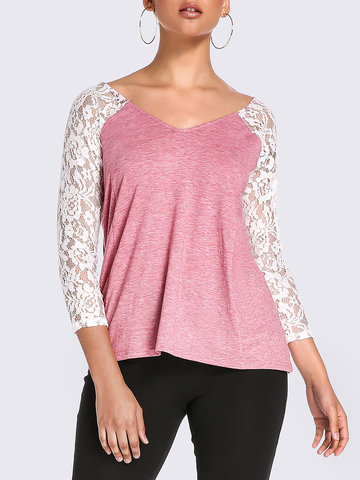 

Gracila Lace Stitching V-neck T-shirts, Black pink