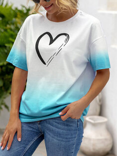 Ombre Heart Print Loose T-shirt-3156