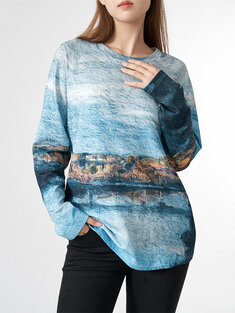 Landscape Print Raglan Sleeve Crew Neck Casual Sweatshirt