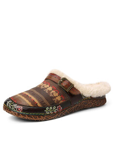 Socofy Ethnic Pattern Genuine Leather Soft Comfy Warm Fuzzy Casual Closed Toe Slippers
