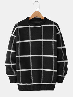 Grid Knitted Rib Crew Neck Sweaters-10341