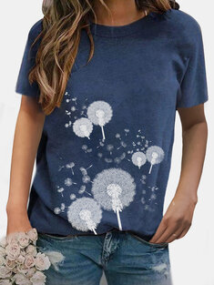 Floral Printed Short Sleeve O-Neck T-shirt-3272