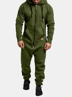 Solid Color Fleece Zipper Front Jumpsuit-10429
