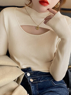 Solid Hollow Front Long Sleeve Knit Half-collar Sweater