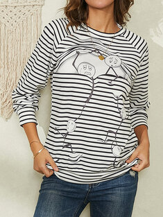 Striped Cartton Print O-neck Casual T-shirt-98