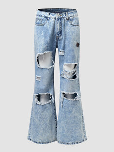 Ripped Pocket Flare Denim Jeans-1019