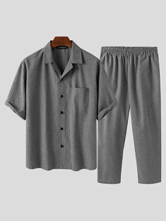 Cozy Pinstripe Lapel Collar Short Sleeve Pajamas