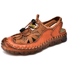 Men Closed Toe Mesh Splicing Slip Resistant Outdoor Leather Sandals-142136