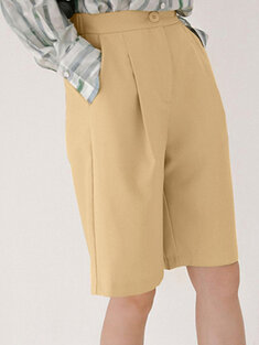 Solid Pocket Button Ruched Casual Shorts