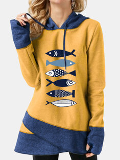 Fish Print Asymmetrical Hoodie-144960
