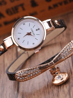 Retro Pu حزام متعدد الطبقات Watch قلادة معدنية هندسية من حجر الراين على شكل قوس كوارتز Watch-18892