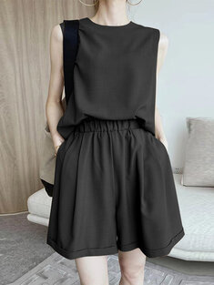 Solid Elastic Waist Sleeveless Pocket Two Pieces Suit