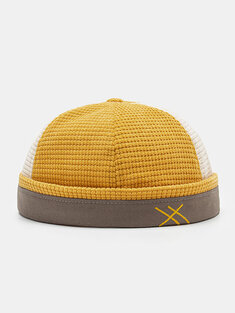 Unisex Corduroy Color-match Patchwork Embroidery Thread All-match Brimless Beanie Landlord Cap Skull Cap
