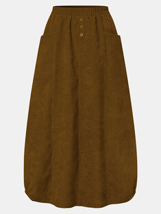 Corduroy Solid Color Elastic Waist Skirt-288