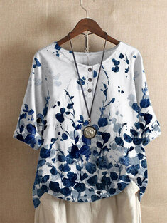 Leaves Print O-neck Button T-shirt-3316
