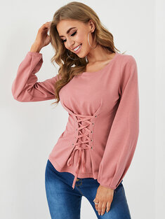 Solid Lace Up Long Sleeve Crew Neck Casual Sweatshirt