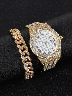 سبيكة هيب هوب فاخرة 2 قطعة سلسلة هيب هوب الماس الكامل Watch سوار-18555