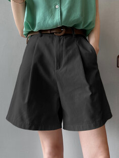 Pleats Zip Belted High Waist Thigh Length Pocket Shorts-141787