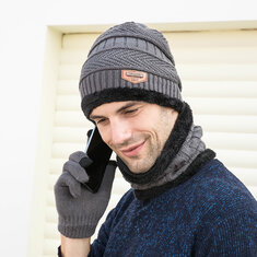 Men 3PCS Solid Color Keep Warm Sets Fashion Casual Wool Hat Beanie Scarf Full-finger Gloves-144440