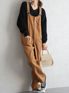 Solid Button Pocket Casual Jumpsuit-880