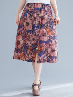 Flower Print Elastic Waist Split Skirt-998