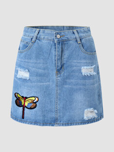 Butterfly Embroidery Ripped Pocket High Waist Denim Skirt