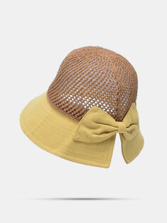 Women's Cotton Straw Outdoor Hollow Contrast Color Bowknot Decor Sunshade Sunscreen Bucket Hat