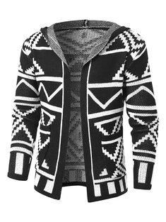 Geometric Pattern Knitted Hooded Cardigans