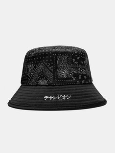 Unisex Polyester Cotton Japanese Letter Perris Pattern Print Patchwork Fashion Sunshade Bucket Hat-144429