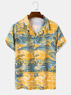 Mens Wave Print Revere Collar Front Buttons Short Sleeve Shirts-142907
