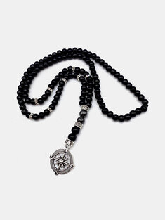 1 Pcs Black Natural Stone Alloy Compass Pendant Beads Chain Hip Hop Casual Necklace