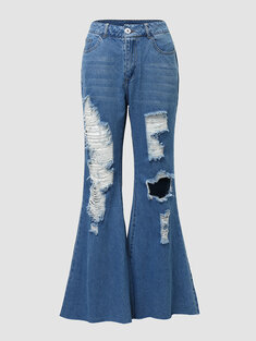 Ripped High Waist Flare Denim Jeans-1018