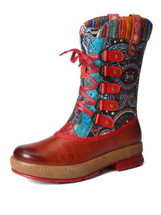 Socofy Retro Ethnic Pattern Leather Patchwork Woolen Lace-up Soft Comfy Flat Mid Calf Boots