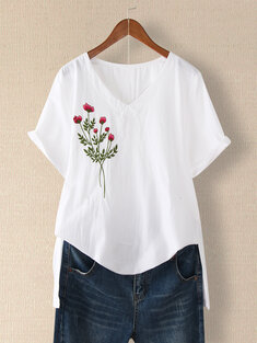 Floral Embroidery V-neck T-shirt-3208