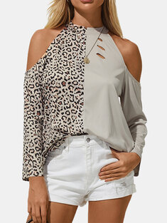 Women Leopard Print Patchwork Off Shoulder Long Sleeve Casual Blouse-138614