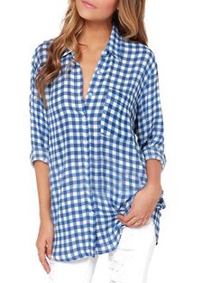 Women Pocket Plaid Long Sleeve Blue Single Breasted Lapel Blouse -3179