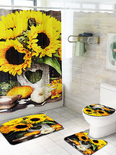 Sunflower Pattern Toilet Polyester Shower Curtains Set