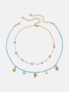 2 Pcs Alloy Bohemian Multi Layer Fashion Geometric Shell Pendant Crystal Beads Short Clavicle Chain Choker Necklace