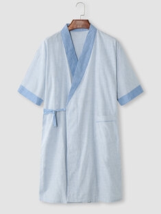 Cotton Pinstriped Kimono Contrast Trim Robes-10460