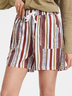 Stripe Print Drawstring Bohemian Shorts-975