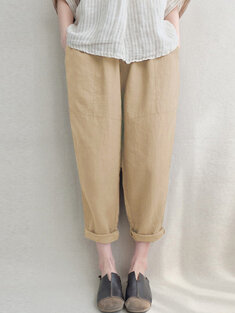 Plain Elastic Waist Pocket Pants-182