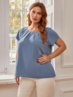 Plus Size Blue Round Neck Pleated Short Sleeves Blouse