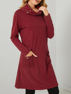 Solid Pocket Buttton Casual Dress-144869