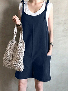 Solid Knotted Pocket Sleeveless Casual Cotton Romper-141788