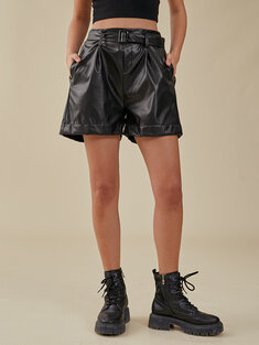 Solid PU Leather Pocket Shorts-174