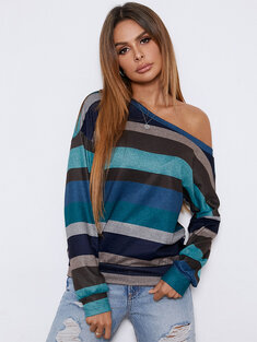 Stripe Print Contrast Color One Shoulder Casual Sweatshirt
