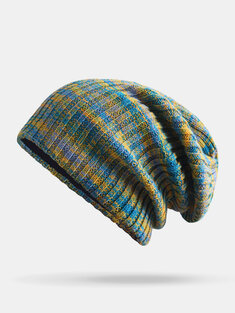 Women Woolen Mixed Rainbow Color Stripes Pattern Plus Velvet Thick Warm Couple Hat Beanie Knitted Hat-144544