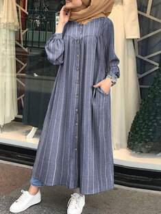 Casual Striped Print Long Sleeve Plus Size Button Dress with Pockets