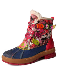 Socofy Casual Retro Multicolor Floral Print Leather Buckle Lace-up Warm Soft Comfy Flat Short Boots